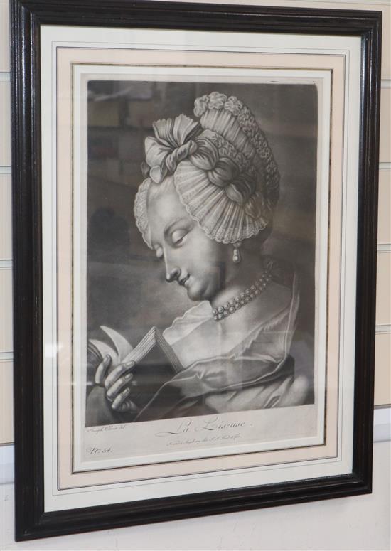 Early 19th century French School, pair of mezzotints, La Liseuse and La Gallante Jardiniere, 42 x 30cm